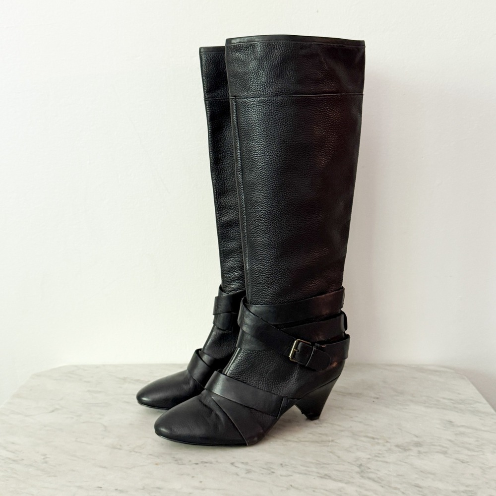 Cynthia Rowley Lainey Tall Buckle Boots 37 Black Pebbled Leather Cone Heel - Picture 2 of 9